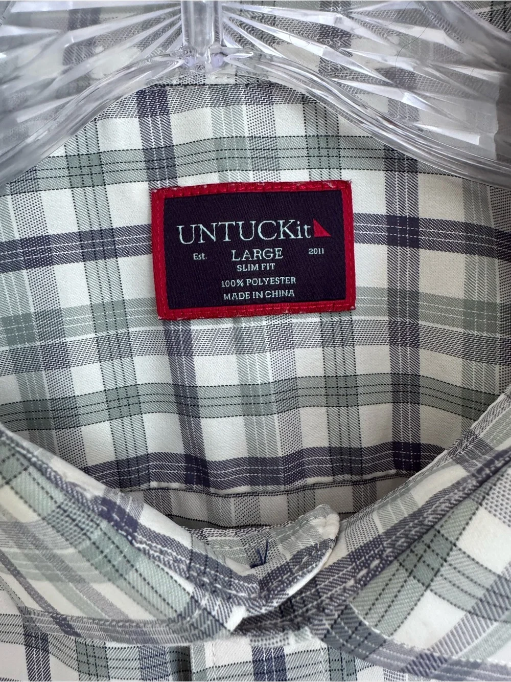 UNTUCKit Men’s Gray Green Navy Plaid Shirt Large Slim Fit
